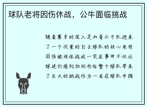 球队老将因伤休战，公牛面临挑战